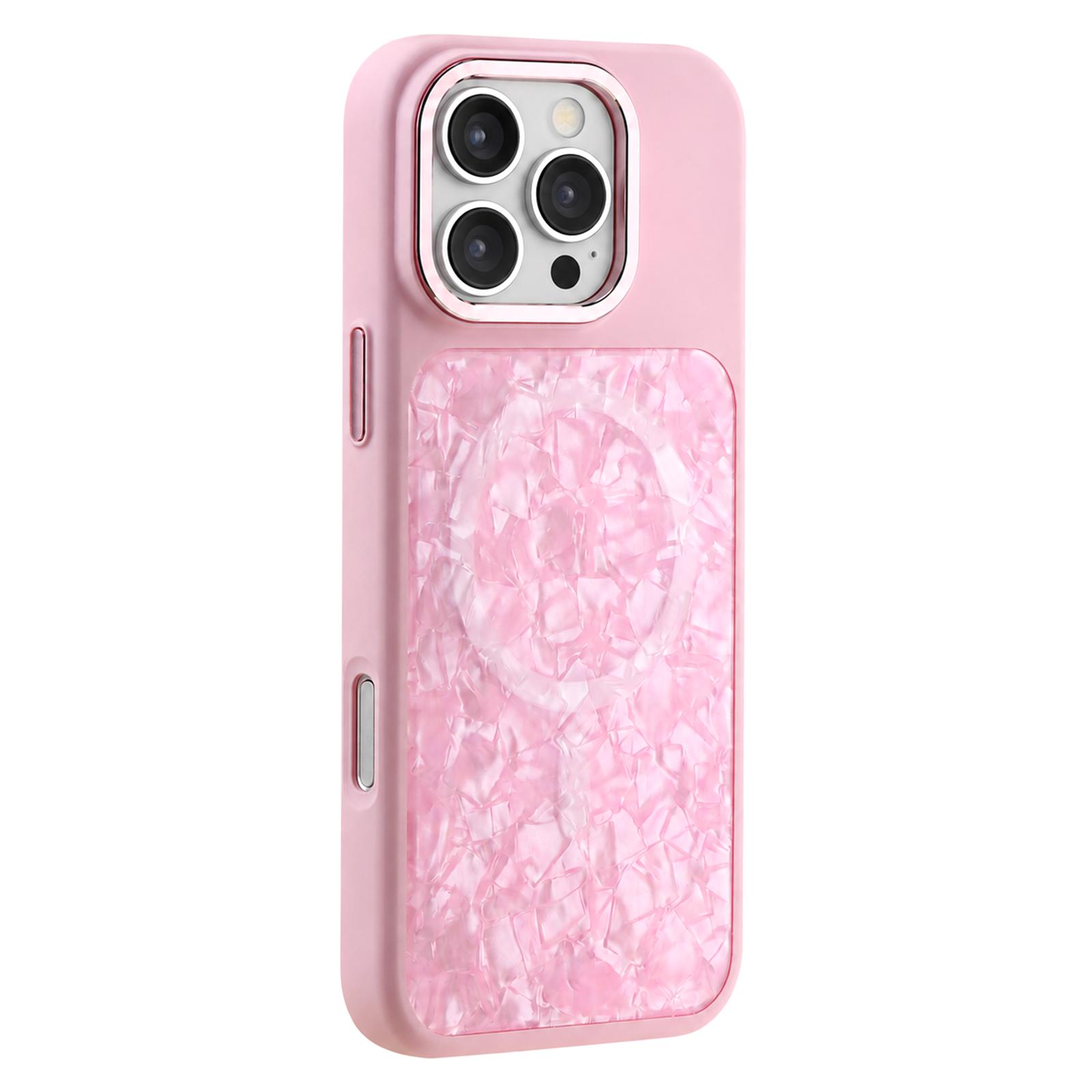 For iPhone 16 Pro Iridescent Solid Color Shell Patterned Magnetic Phone Case(Pink) - Shopkiz.com