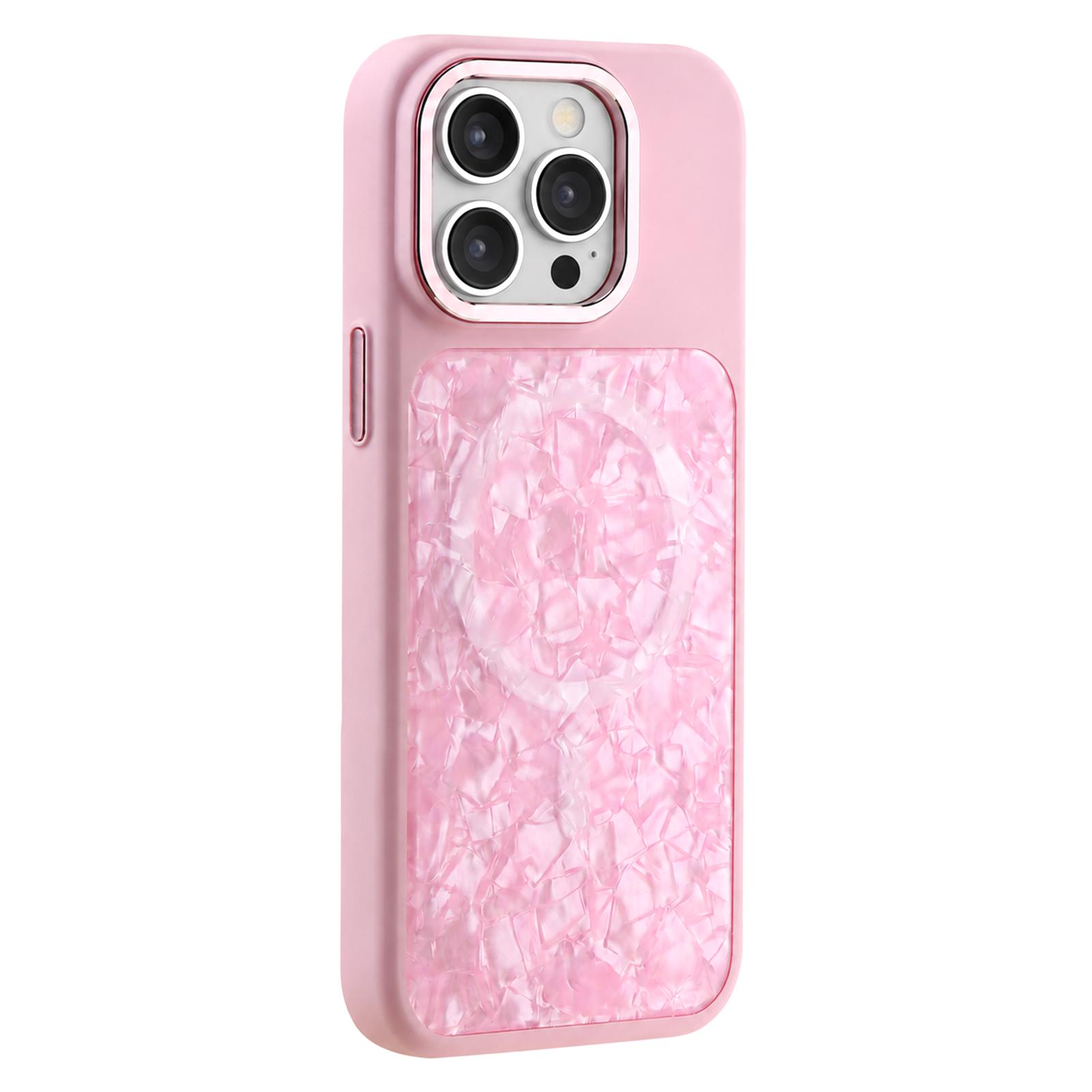 For iPhone 15 Pro Iridescent Solid Color Shell Patterned Magnetic Phone Case(Pink) - Shopkiz.com