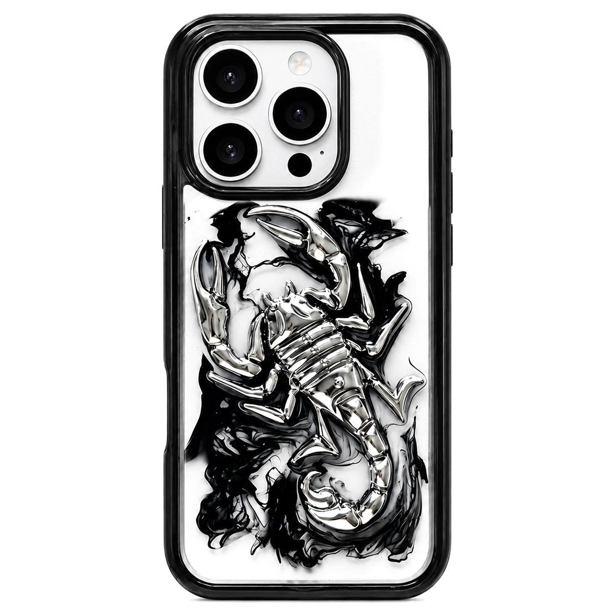 For iPhone 16 Pro Epoxy Resin Diffusion Scorpion Acrylic Phone Case(Dark Ink) - Shopkiz.com
