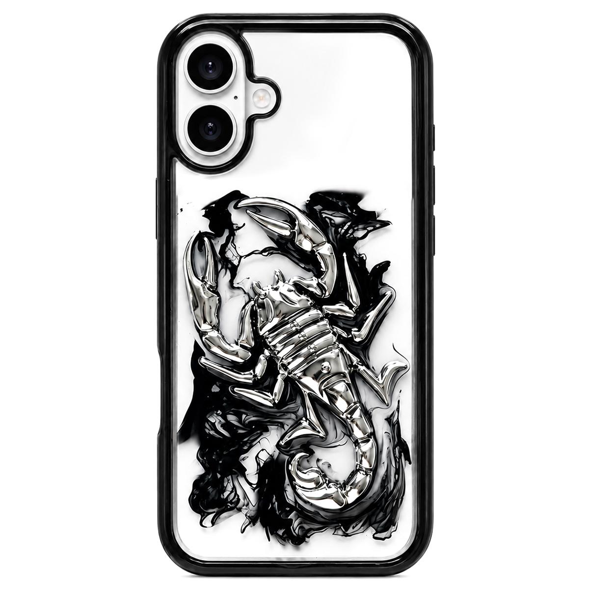 For iPhone 16 Epoxy Resin Diffusion Scorpion Acrylic Phone Case(Dark Ink) - Shopkiz.com