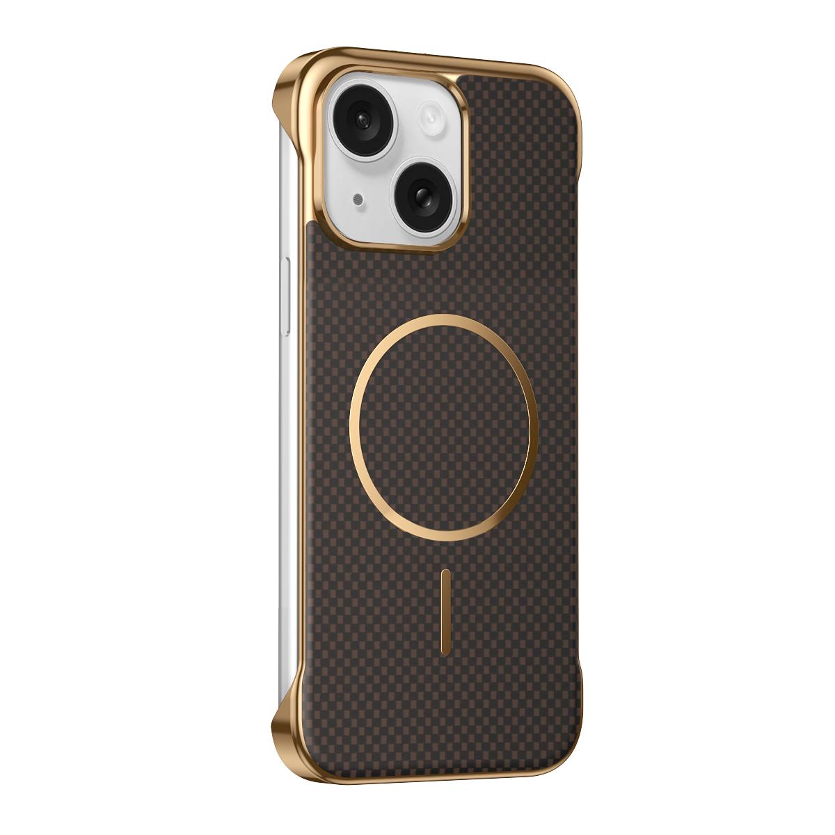 For iPhone 15 Borderless Kevlar Texture Electroplated Magnetic Phone Case(Brown) - Shopkiz.com
