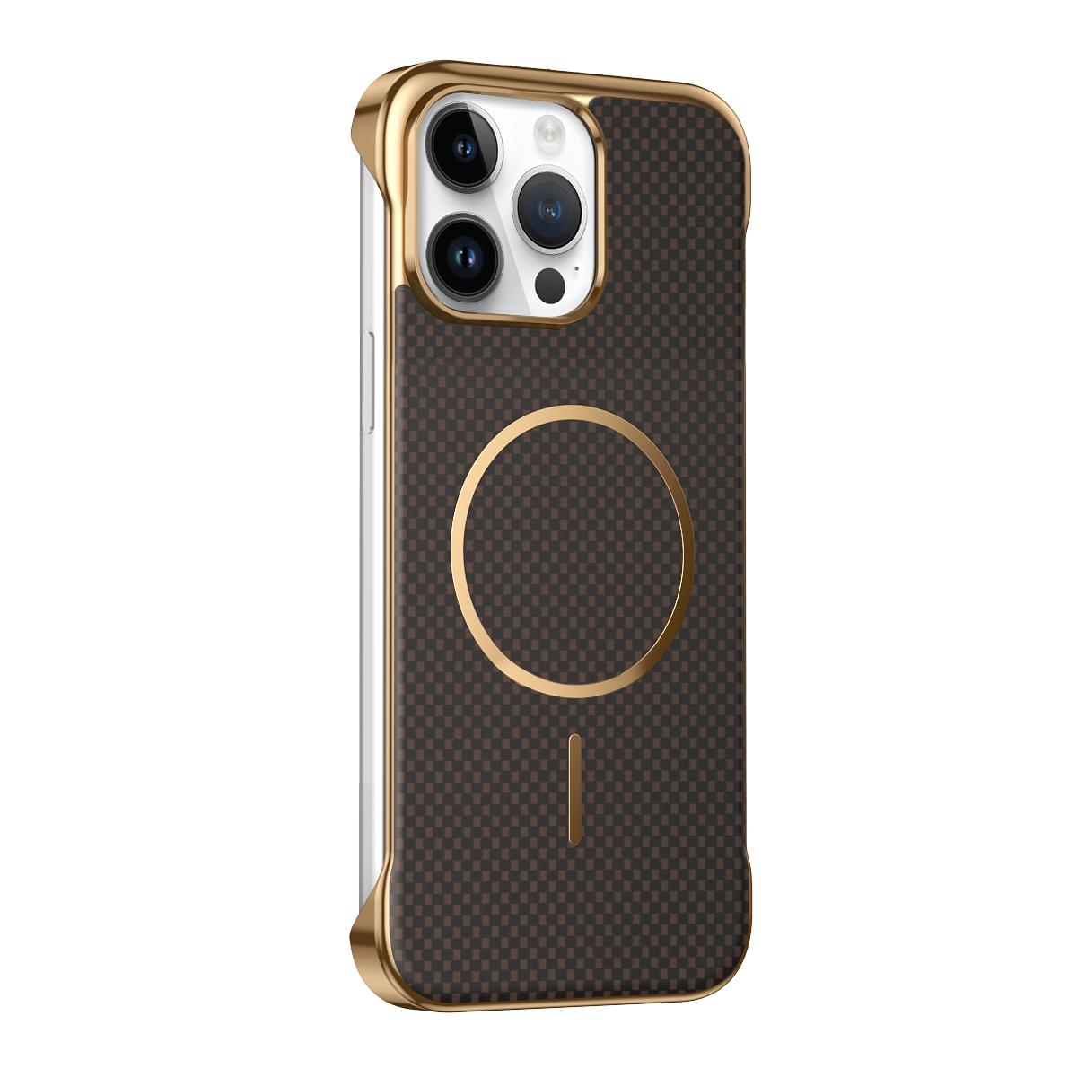 For iPhone 14 Pro Borderless Kevlar Texture Electroplated Magnetic Phone Case(Brown) - Shopkiz.com