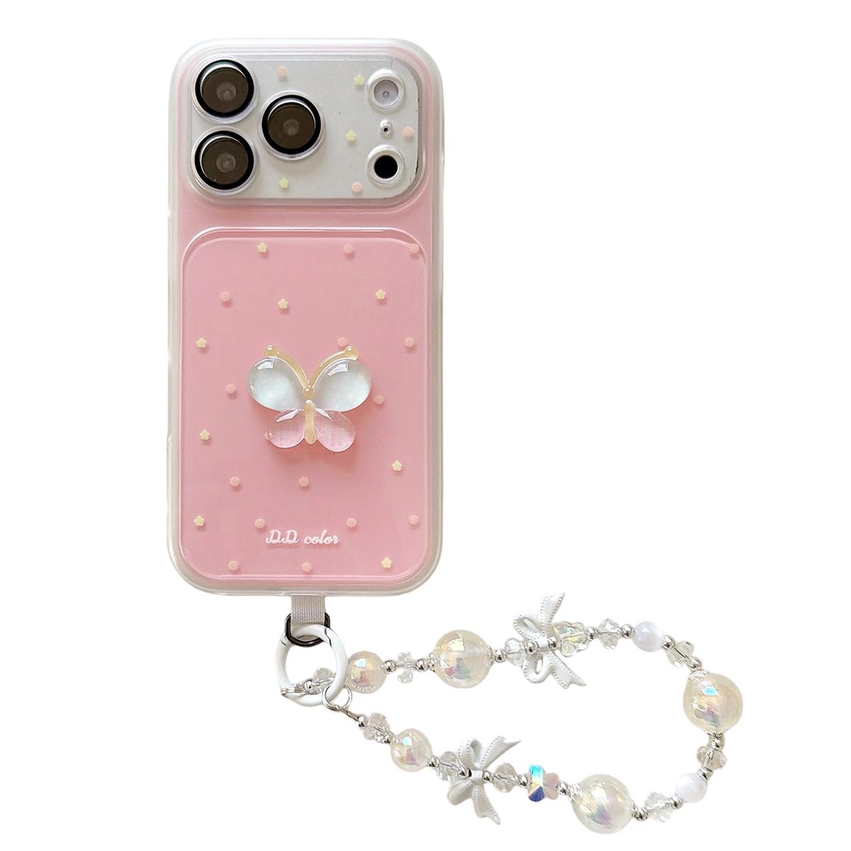 For iPhone 17 Pro Max Dots Pattern 3D Butterfly Decor Phone Case with Bracelet(Pink) - Shopkiz.com