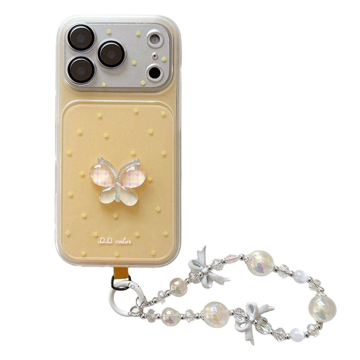 For iPhone 17 Pro Dots Pattern 3D Butterfly Decor Phone Case with Bracelet(Yellow) - Shopkiz.com