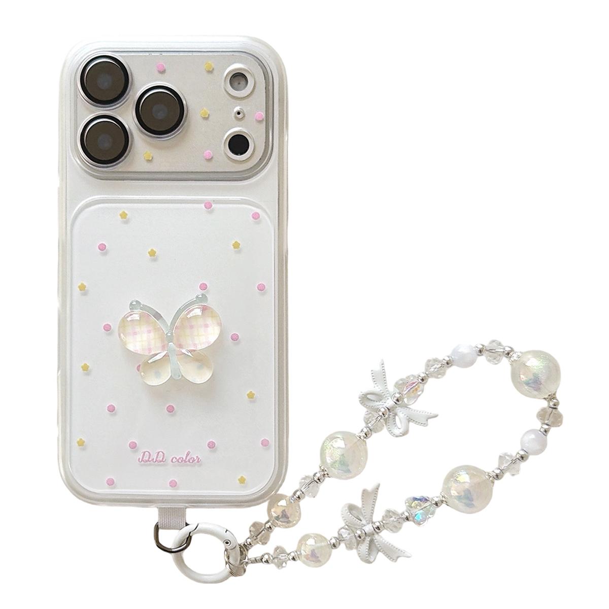 For iPhone 17 Pro Dots Pattern 3D Butterfly Decor Phone Case with Bracelet(White) - Shopkiz.com