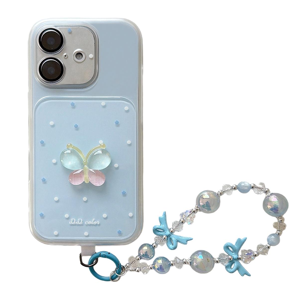 For iPhone 17 Dots Pattern 3D Butterfly Decor Phone Case with Bracelet(Blue) - Shopkiz.com