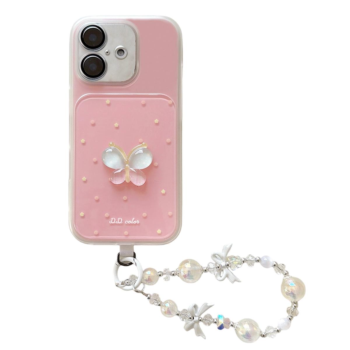 For iPhone 17 Dots Pattern 3D Butterfly Decor Phone Case with Bracelet(Pink) - Shopkiz.com