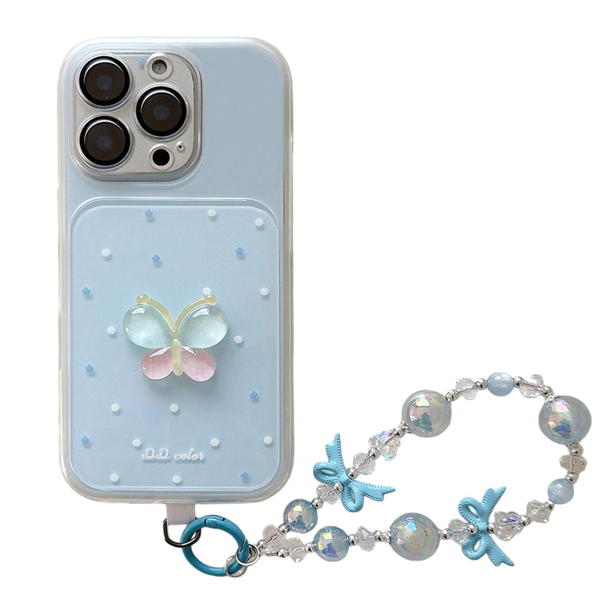 For iPhone 16 Pro Max Dots Pattern 3D Butterfly Decor Phone Case with Bracelet(Blue) - Shopkiz.com