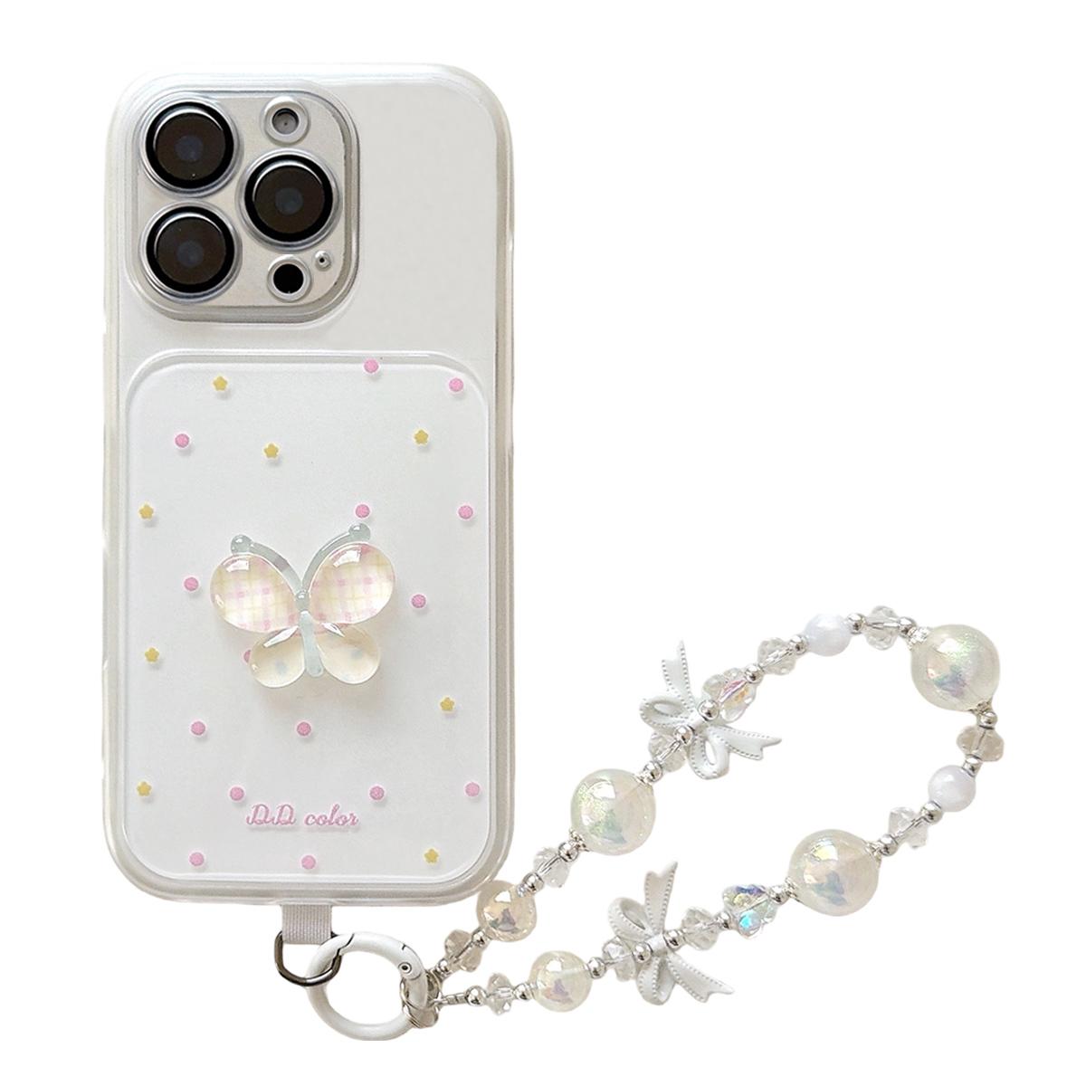 For iPhone 16 Pro Dots Pattern 3D Butterfly Decor Phone Case with Bracelet(White) - Shopkiz.com