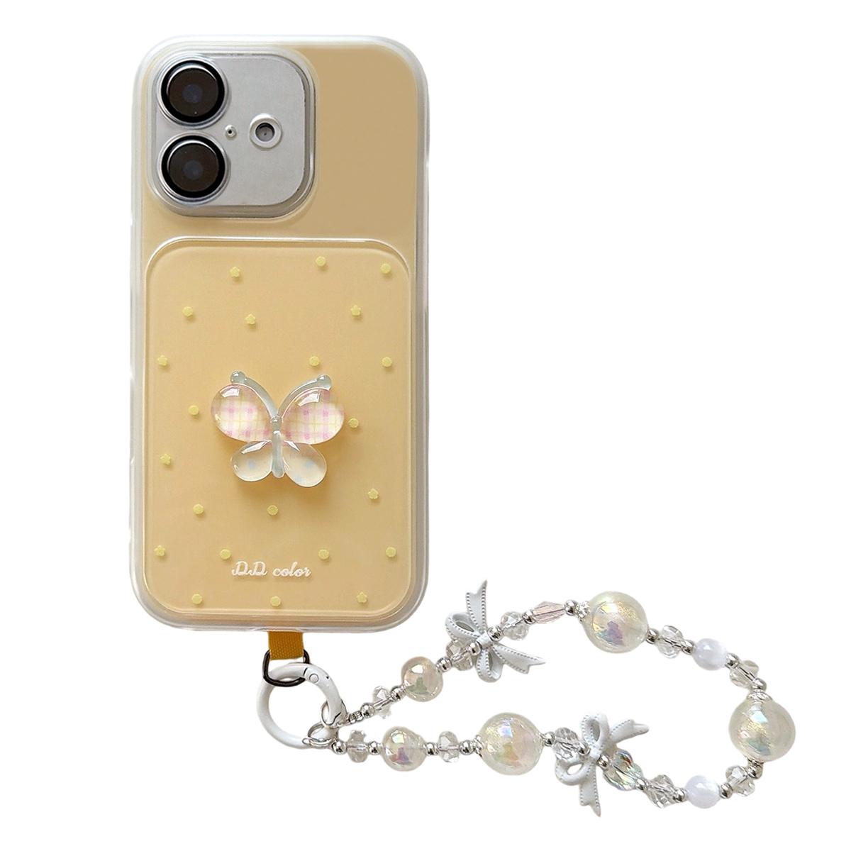 For iPhone 16 Dots Pattern 3D Butterfly Decor Phone Case with Bracelet(Yellow) - Shopkiz.com