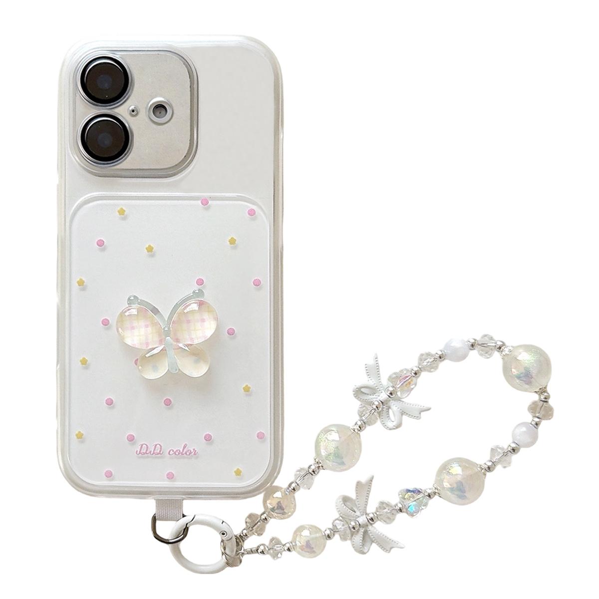 For iPhone 16 Dots Pattern 3D Butterfly Decor Phone Case with Bracelet(White) - Shopkiz.com