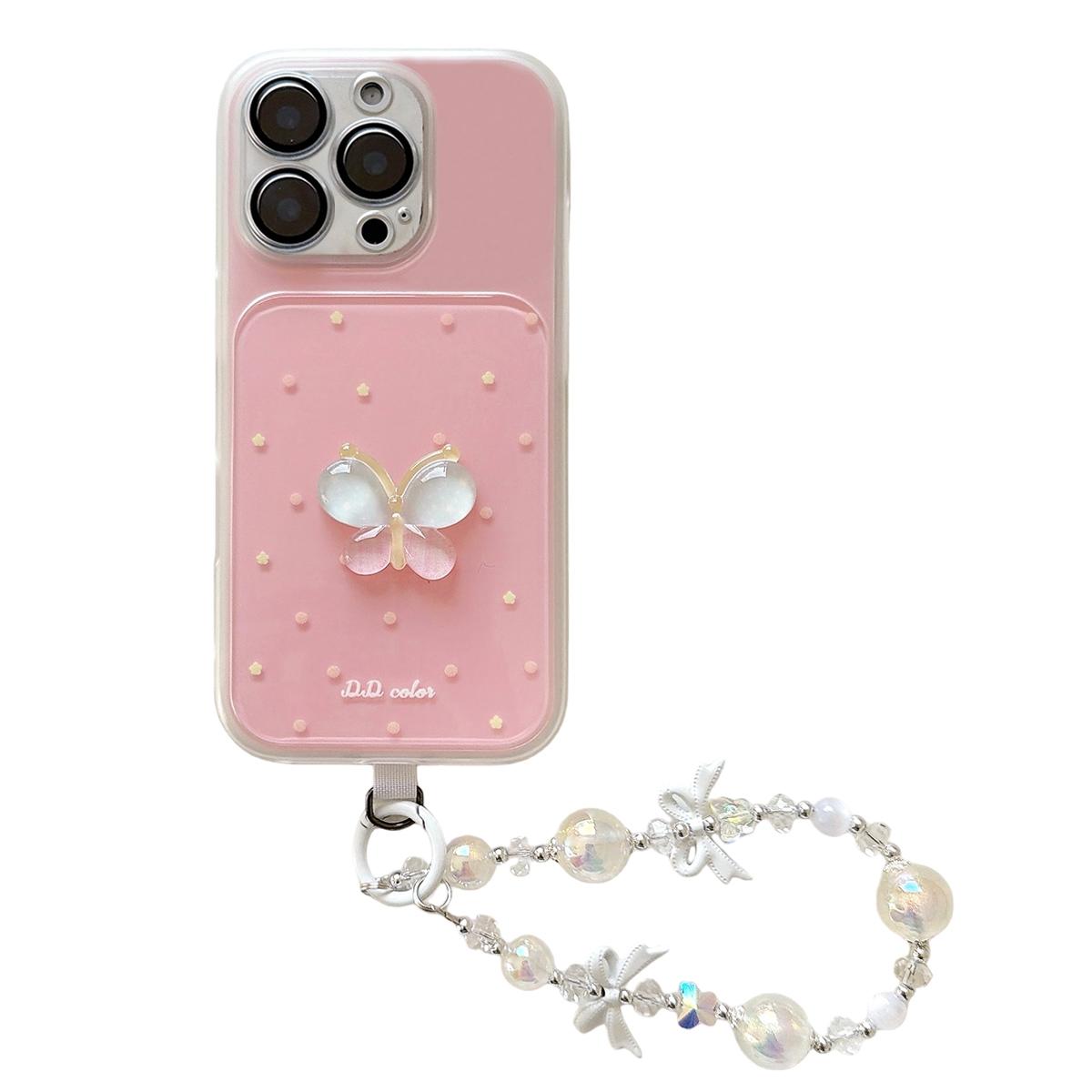 For iPhone 15 Pro Max Dots Pattern 3D Butterfly Decor Phone Case with Bracelet(Pink) - Shopkiz.com