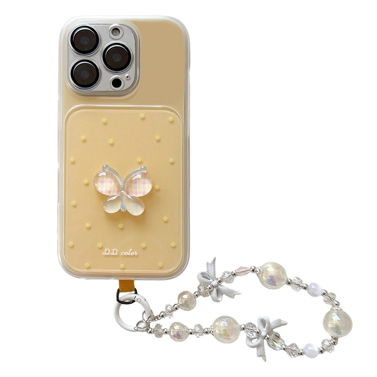 For iPhone 15 Pro Dots Pattern 3D Butterfly Decor Phone Case with Bracelet(Yellow) - Shopkiz.com