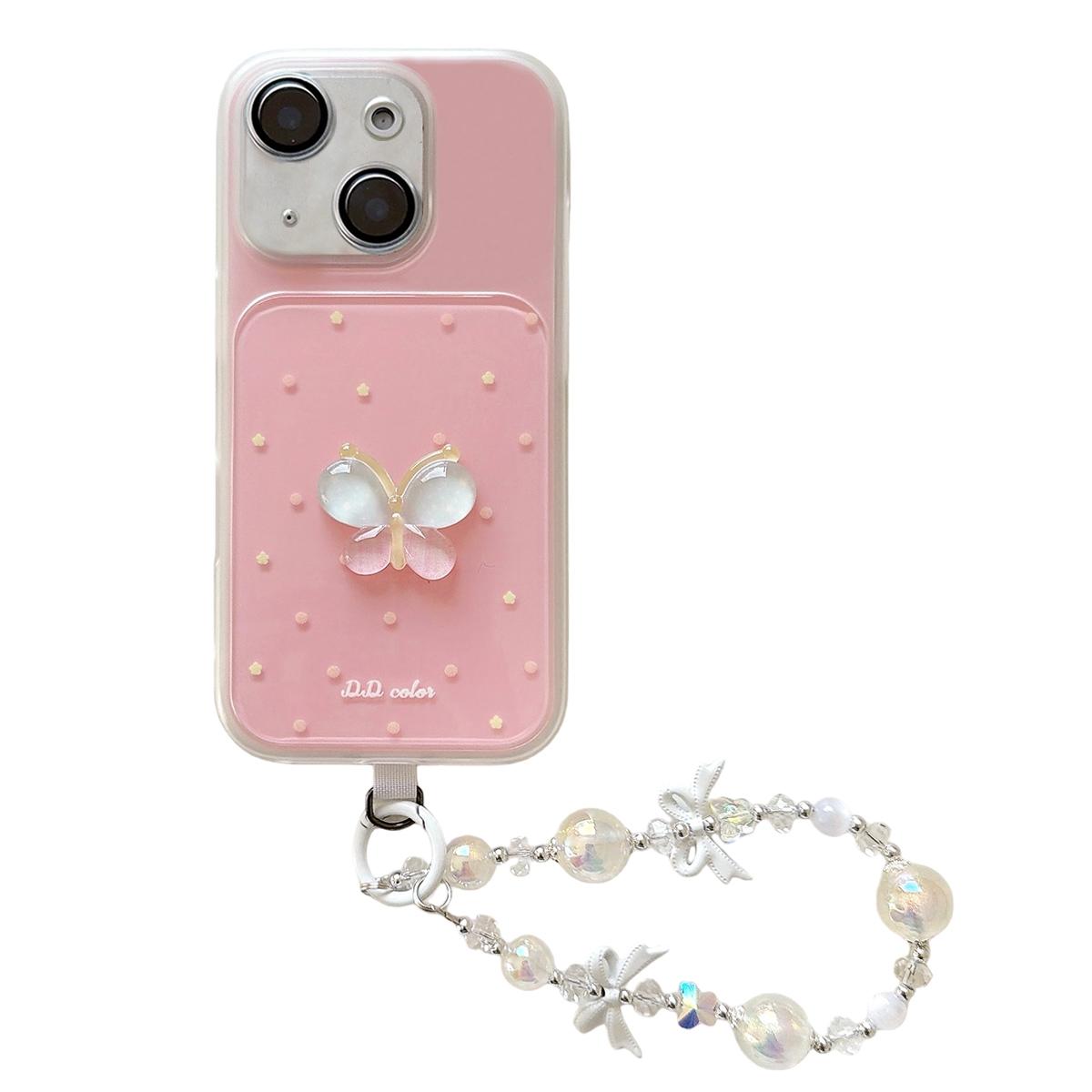 For iPhone 15 Dots Pattern 3D Butterfly Decor Phone Case with Bracelet(Pink) - Shopkiz.com