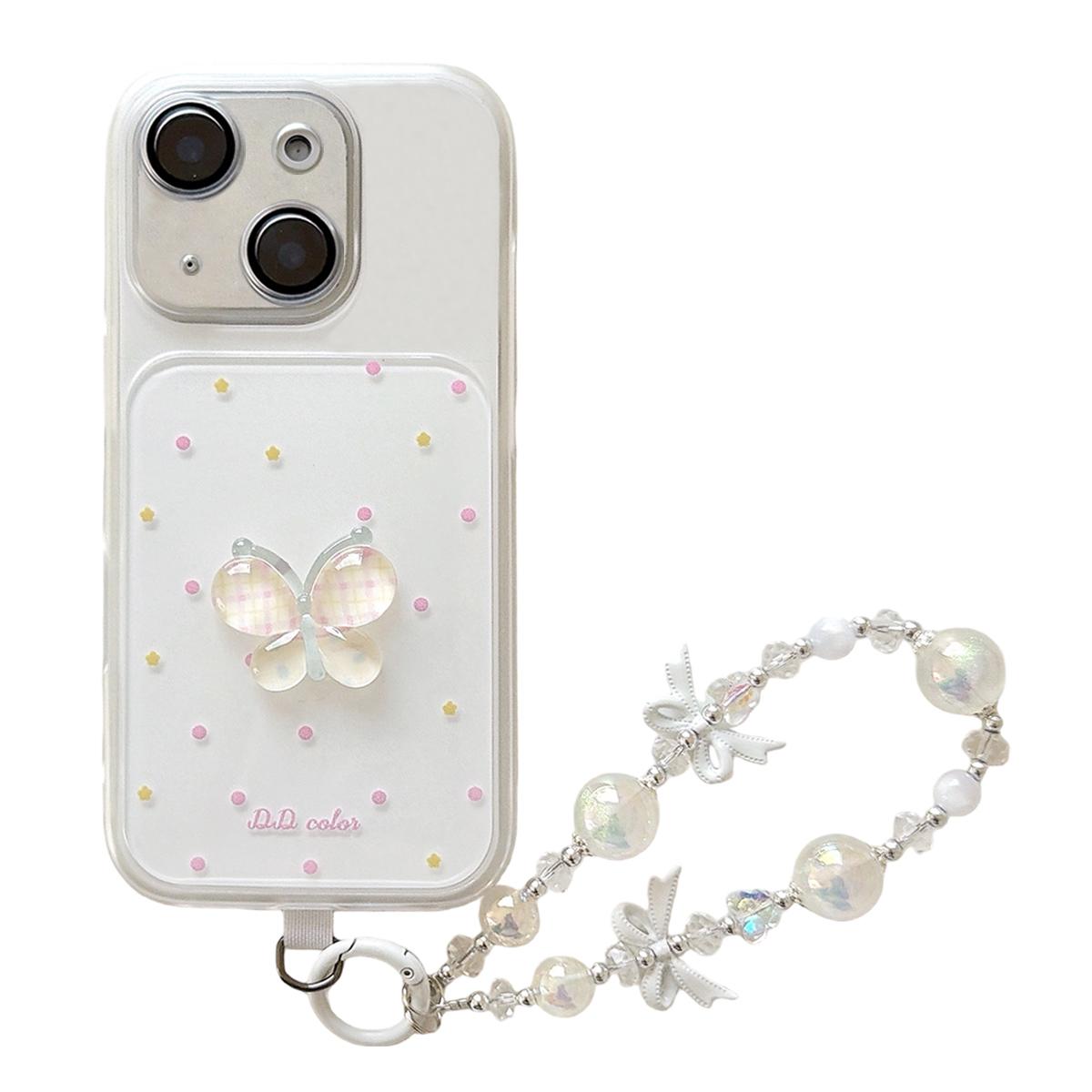 For iPhone 15 Dots Pattern 3D Butterfly Decor Phone Case with Bracelet(White) - Shopkiz.com