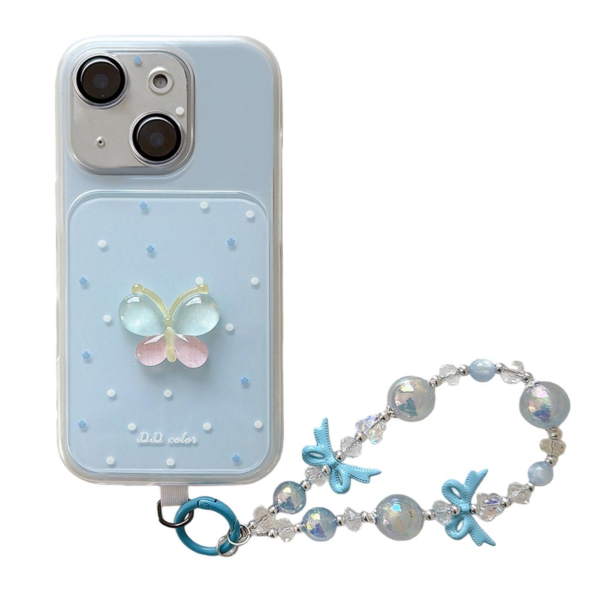 For iPhone 14 Dots Pattern 3D Butterfly Decor Phone Case with Bracelet(Blue) - Shopkiz.com