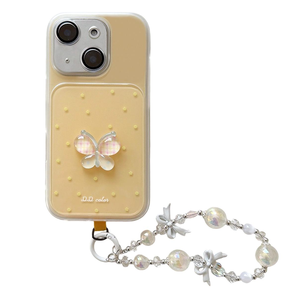 For iPhone 14 Dots Pattern 3D Butterfly Decor Phone Case with Bracelet(Yellow) - Shopkiz.com