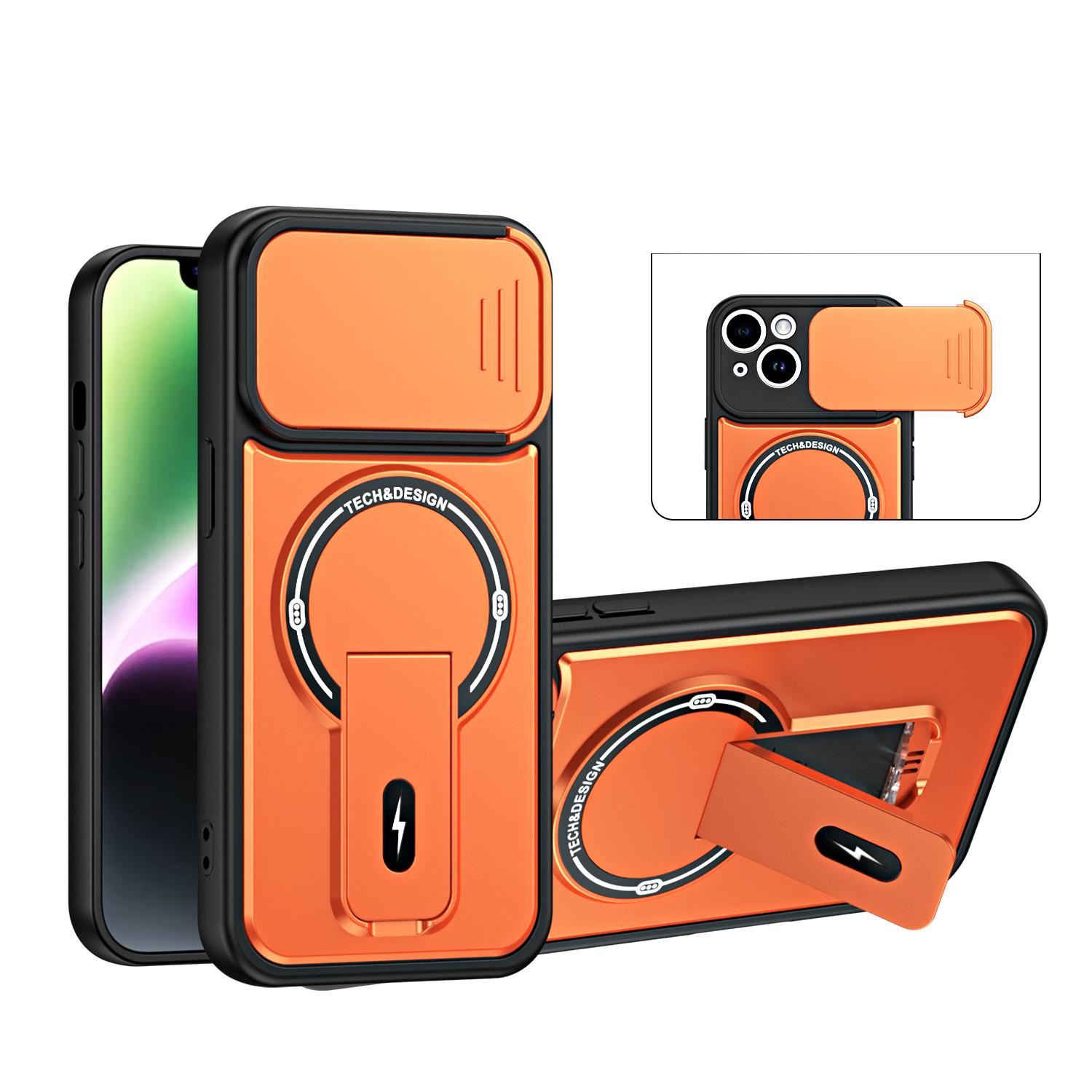For iPhone 14 Sliding Camshield Holder Magnetic Phone Case(Orange) - Shopkiz.com