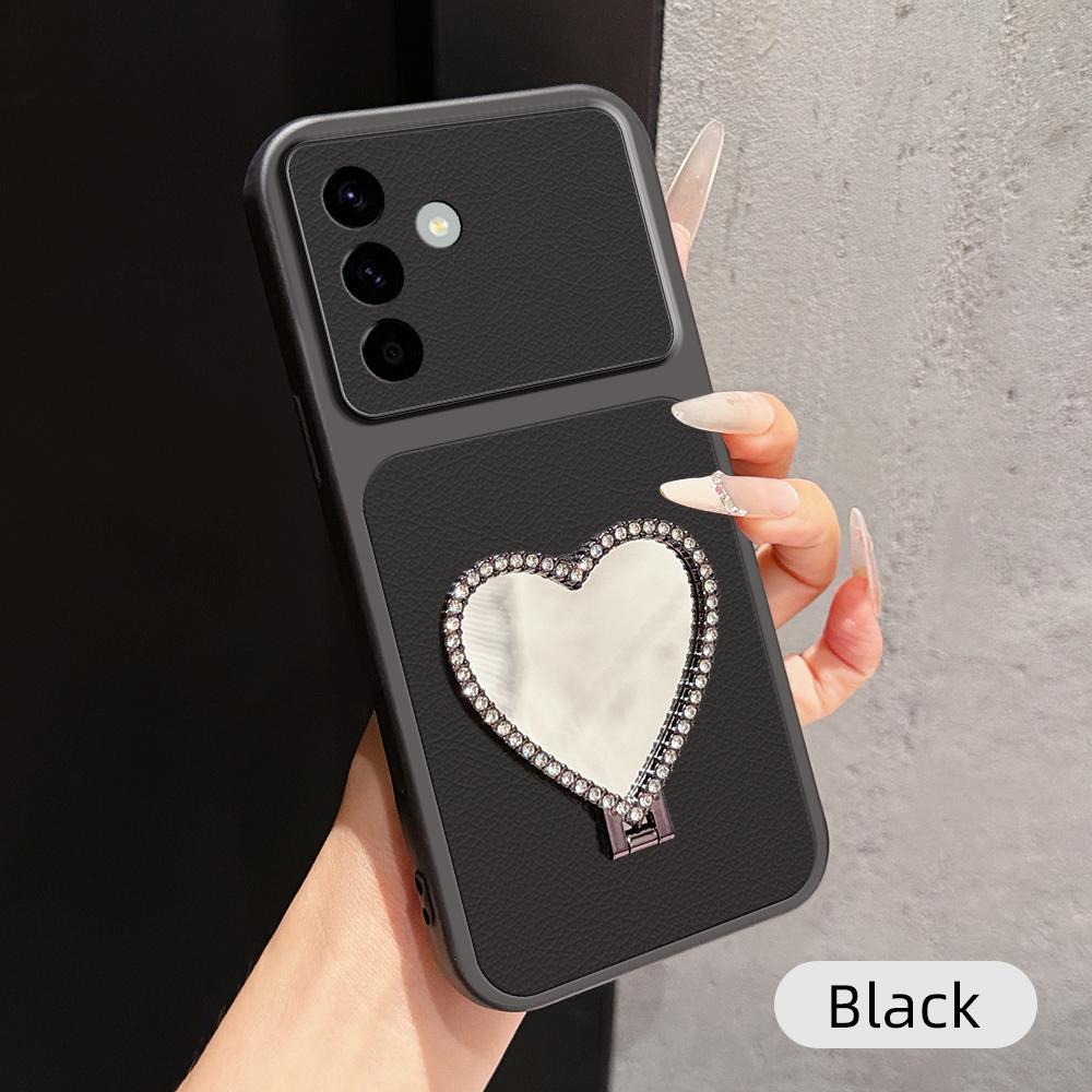 For Galaxy A57 5G Lambskin Series Skin Feel Shockproof Phone Case with Heart Mirror Holder(Black) - Shopkiz.com