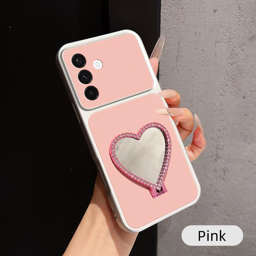 For Galaxy A37 5G Lambskin Series Skin Feel Shockproof Phone Case with Heart Mirror Holder(Pink) - Shopkiz.com