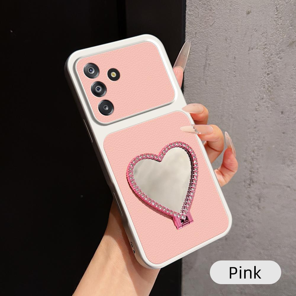 For Galaxy A17 4G Lambskin Series Skin Feel Shockproof Phone Case with Heart Mirror Holder(Pink) - Shopkiz.com