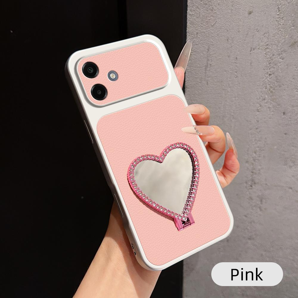 For Galaxy A07 5G / 4G Lambskin Series Skin Feel Shockproof Phone Case with Heart Mirror Holder(Pink) - Shopkiz.com