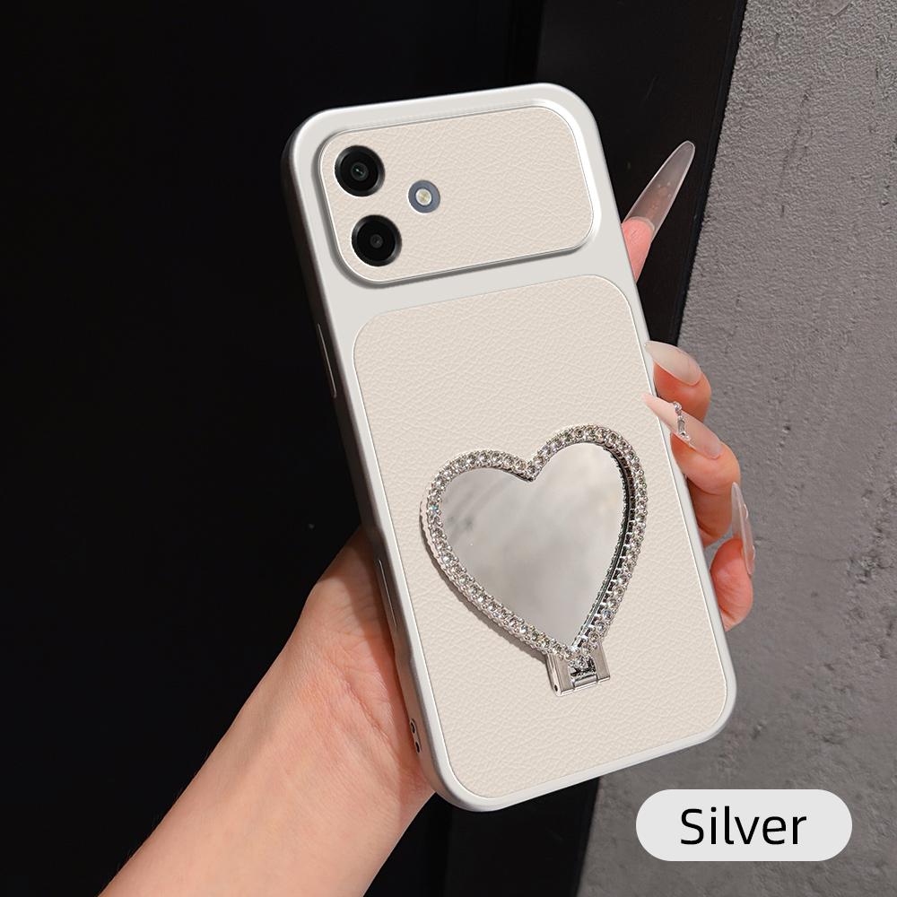 For Galaxy A07 5G / 4G Lambskin Series Skin Feel Shockproof Phone Case with Heart Mirror Holder(Silver) - Shopkiz.com