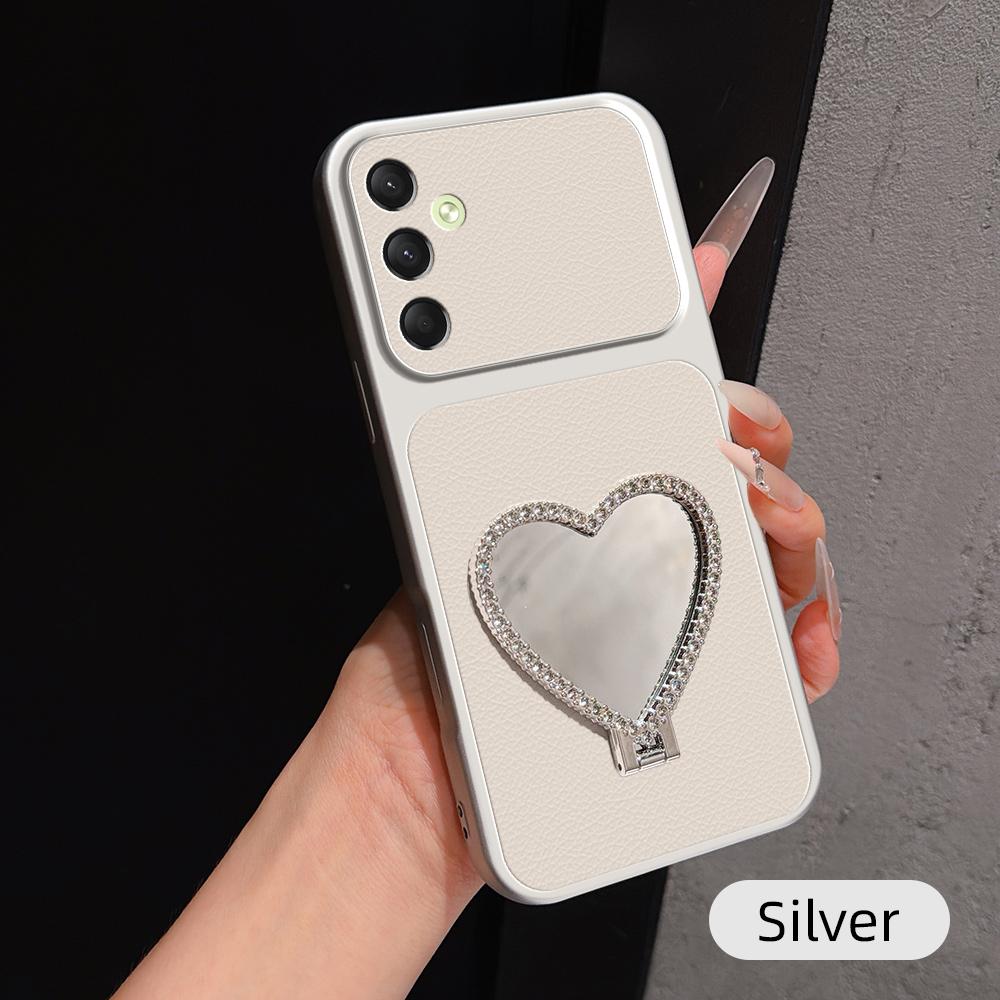 For Galaxy A16 5G / 4G Lambskin Series Skin Feel Shockproof Phone Case with Heart Mirror Holder(Silver) - Shopkiz.com