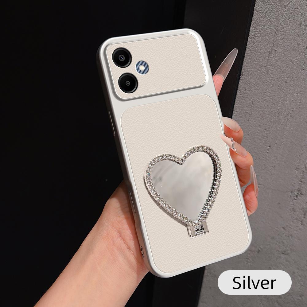 For Galaxy A06 4G Lambskin Series Skin Feel Shockproof Phone Case with Heart Mirror Holder(Silver) - Shopkiz.com