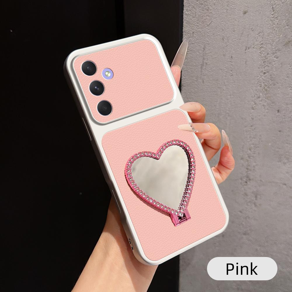 For Galaxy A55 5G Lambskin Series Skin Feel Shockproof Phone Case with Heart Mirror Holder(Pink) - Shopkiz.com