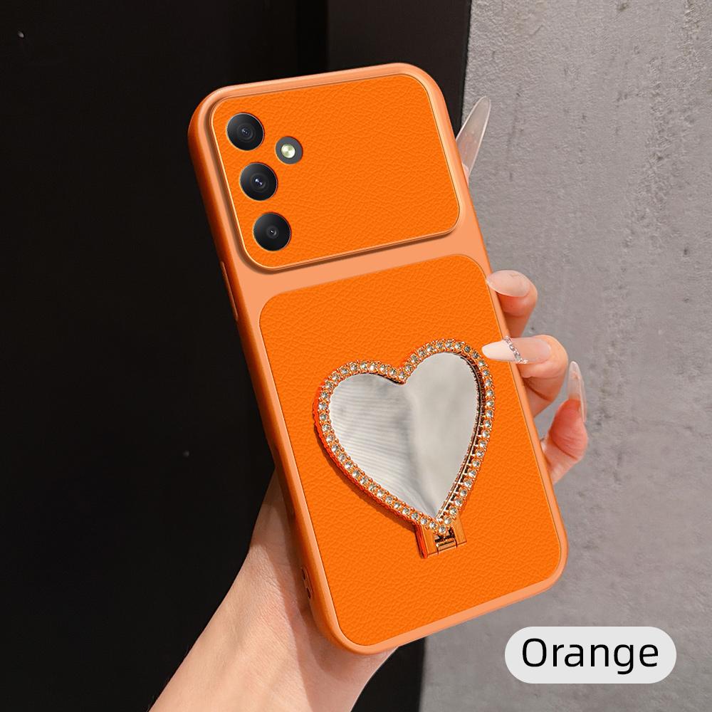 For Galaxy A35 5G Lambskin Series Skin Feel Shockproof Phone Case with Heart Mirror Holder(Orange) - Shopkiz.com
