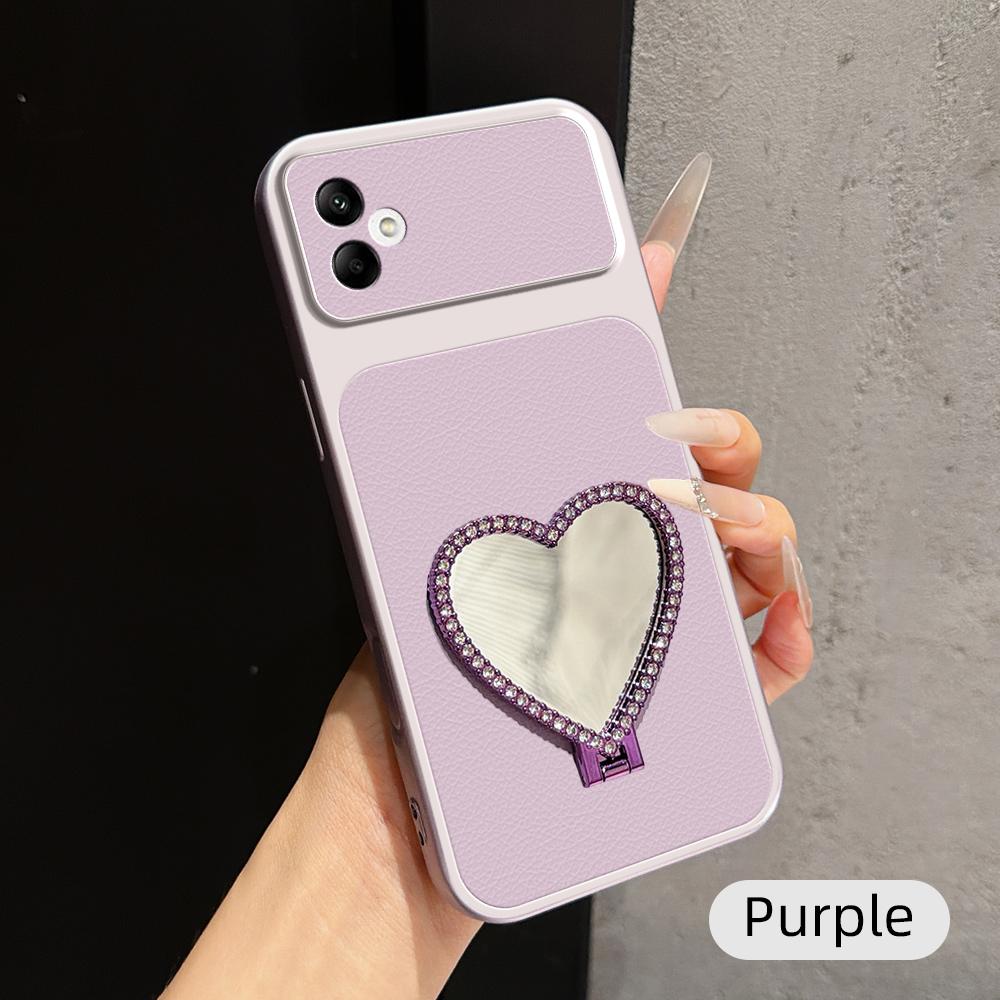 For Galaxy A05 Lambskin Series Skin Feel Shockproof Phone Case with Heart Mirror Holder(Purple) - Shopkiz.com