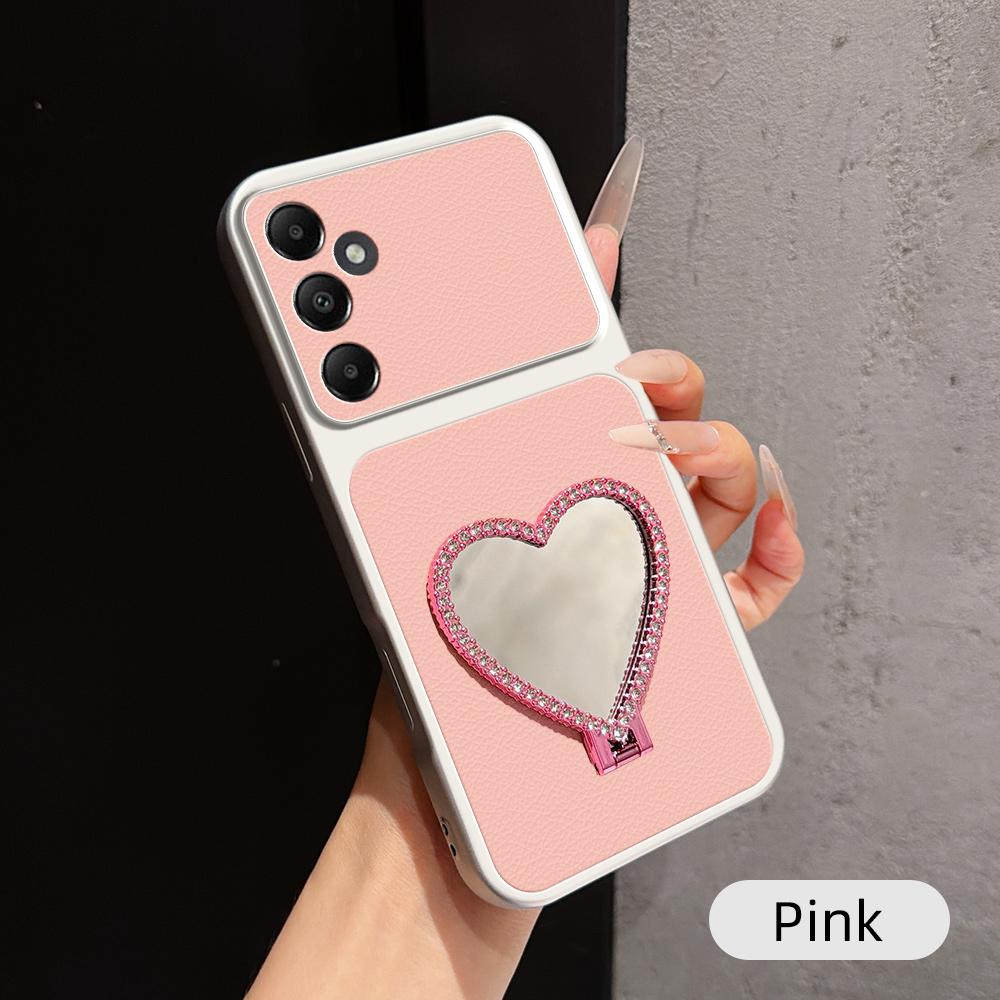 For Galaxy A05s Lambskin Series Skin Feel Shockproof Phone Case with Heart Mirror Holder(Pink) - Shopkiz.com