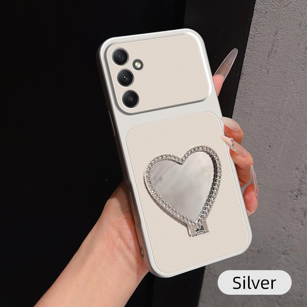 For Galaxy A34 5G Lambskin Series Skin Feel Shockproof Phone Case with Heart Mirror Holder(Silver) - Shopkiz.com