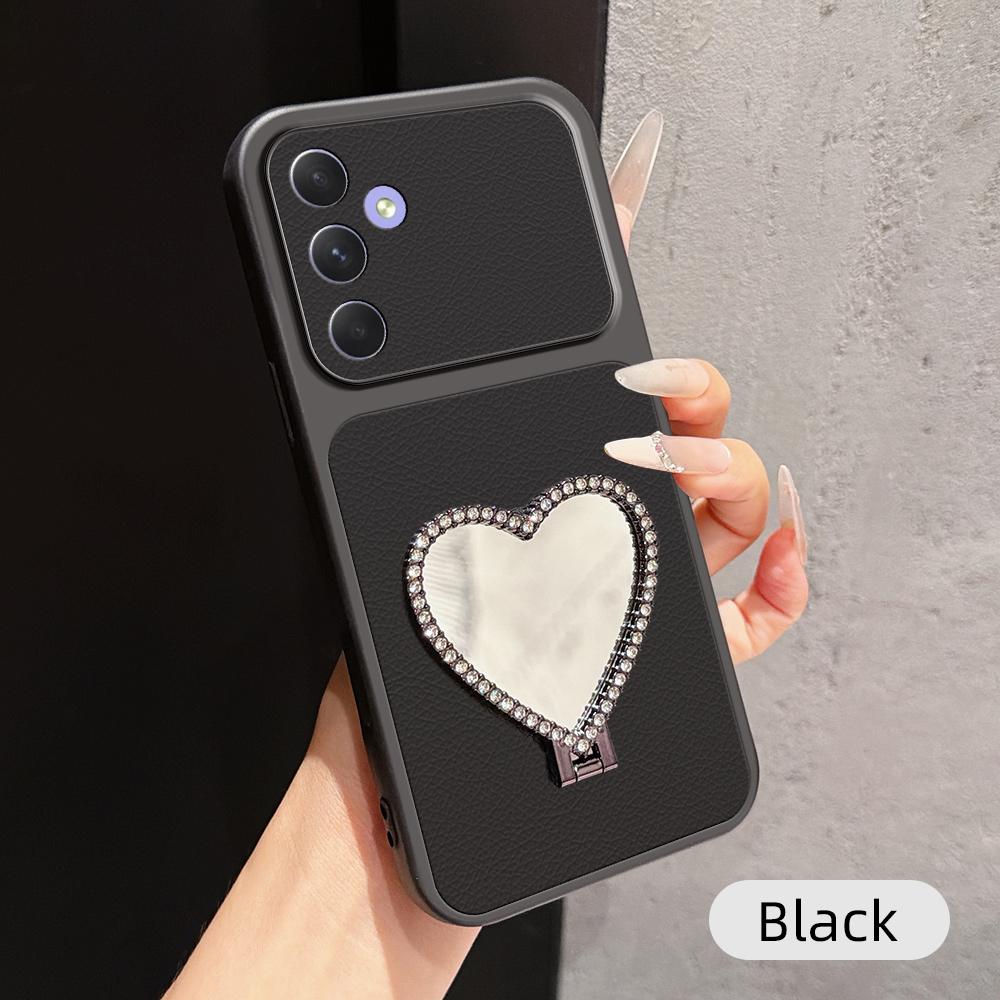 For Galaxy A54 5G Lambskin Series Skin Feel Shockproof Phone Case with Heart Mirror Holder(Black) - Shopkiz.com