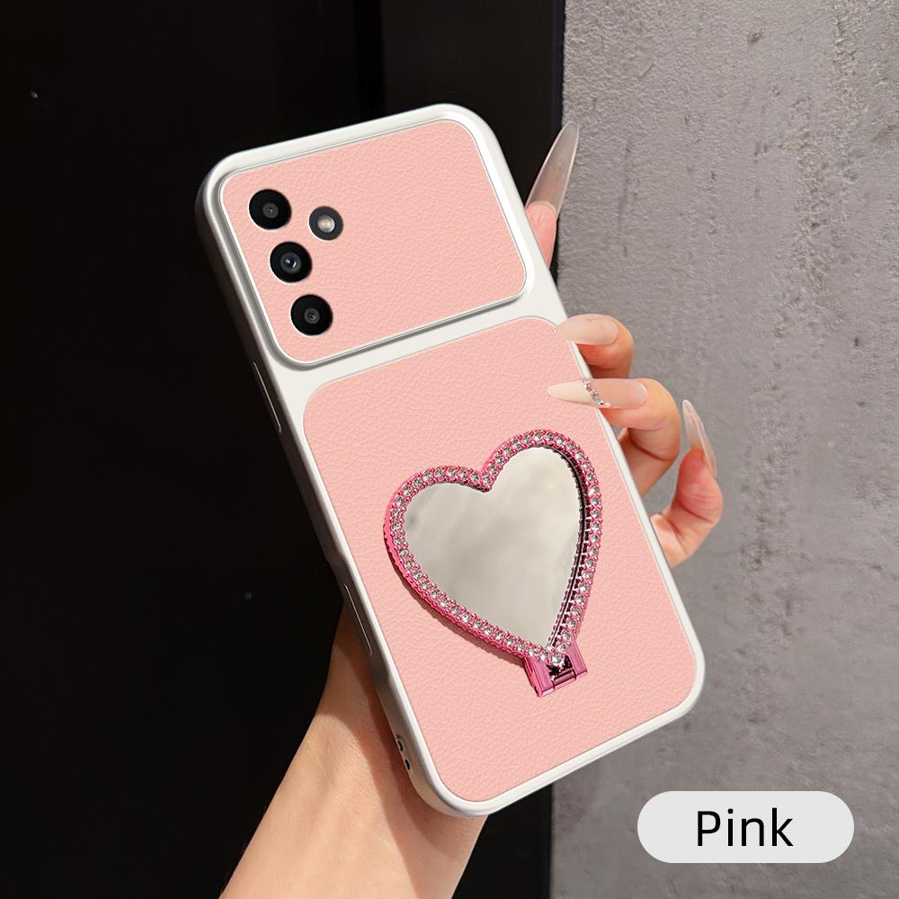 For Galaxy A14 5G Lambskin Series Skin Feel Shockproof Phone Case with Heart Mirror Holder(Pink) - Shopkiz.com