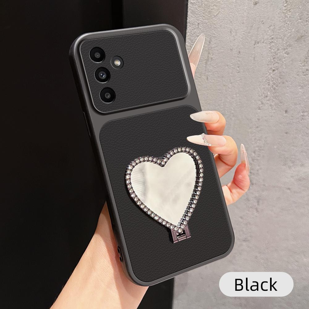 For Galaxy A14 5G Lambskin Series Skin Feel Shockproof Phone Case with Heart Mirror Holder(Black) - Shopkiz.com