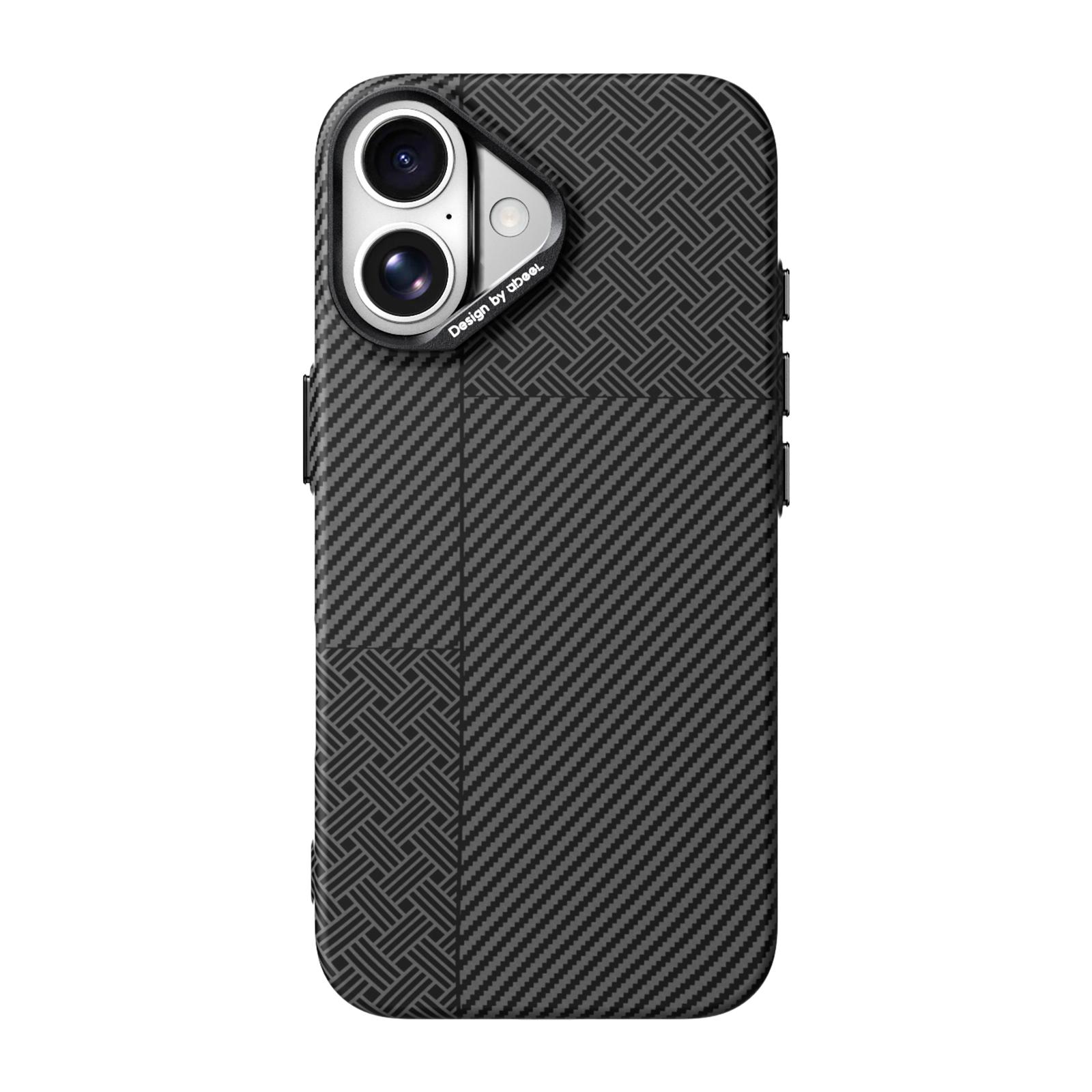 For iPhone 16 ABEEL Lightweight Zero Feel Series Lyocell Fiber Water Adhesive Magnetic Phone Case(Small Meander Carbon Fiber) - Shopkiz.com