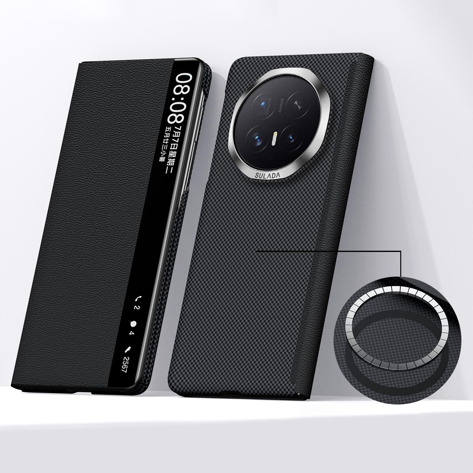 For Honor Magic V6 SULADA Kevlar Checkered Magnetic Genuine Leather Phone Case(Black) - Shopkiz.com