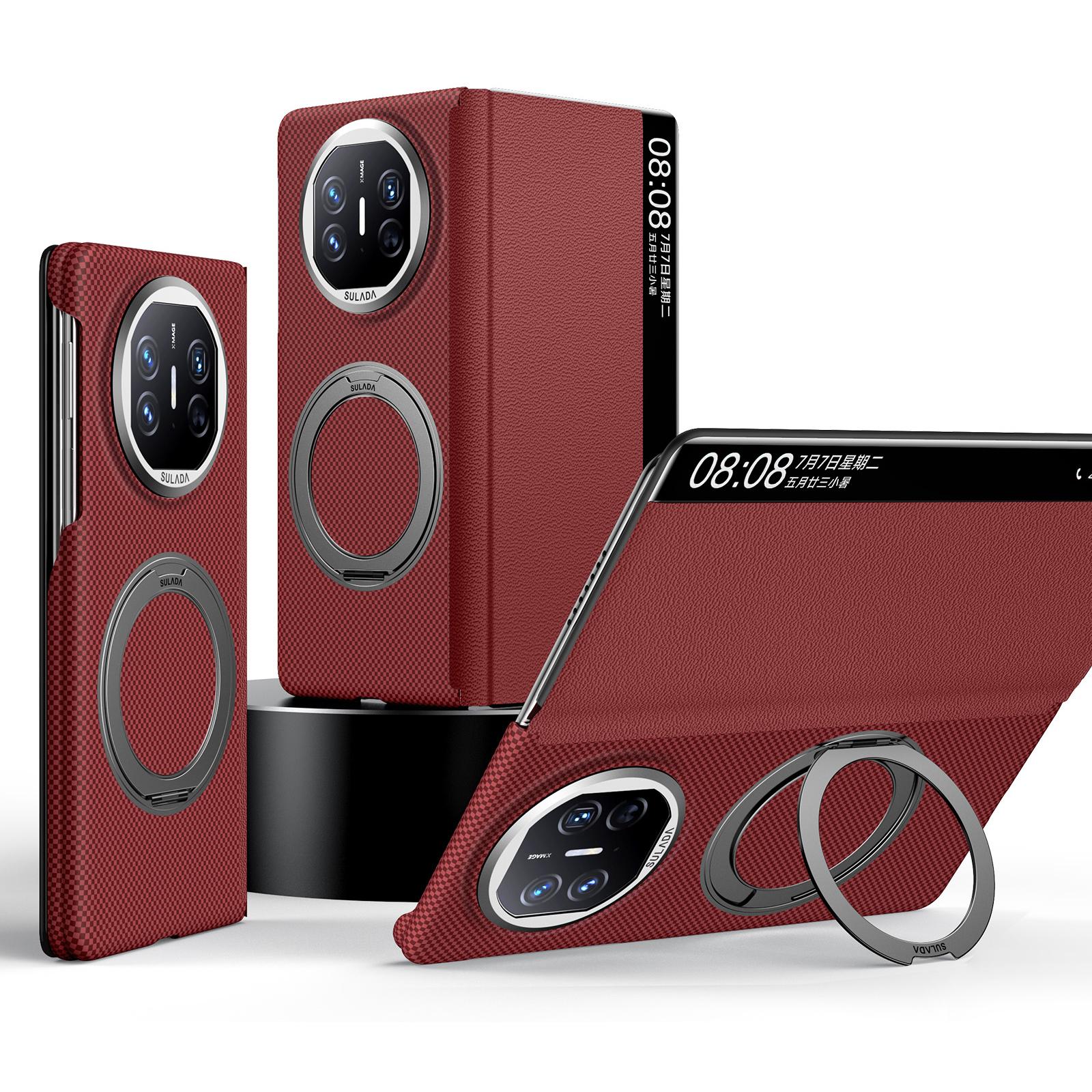 For Huawei Mate X5 / Mate X3 SULADA Kevlar Checkered Rotating Magnetic Holder Genuine Leather Phone Case(Red) - Shopkiz.com