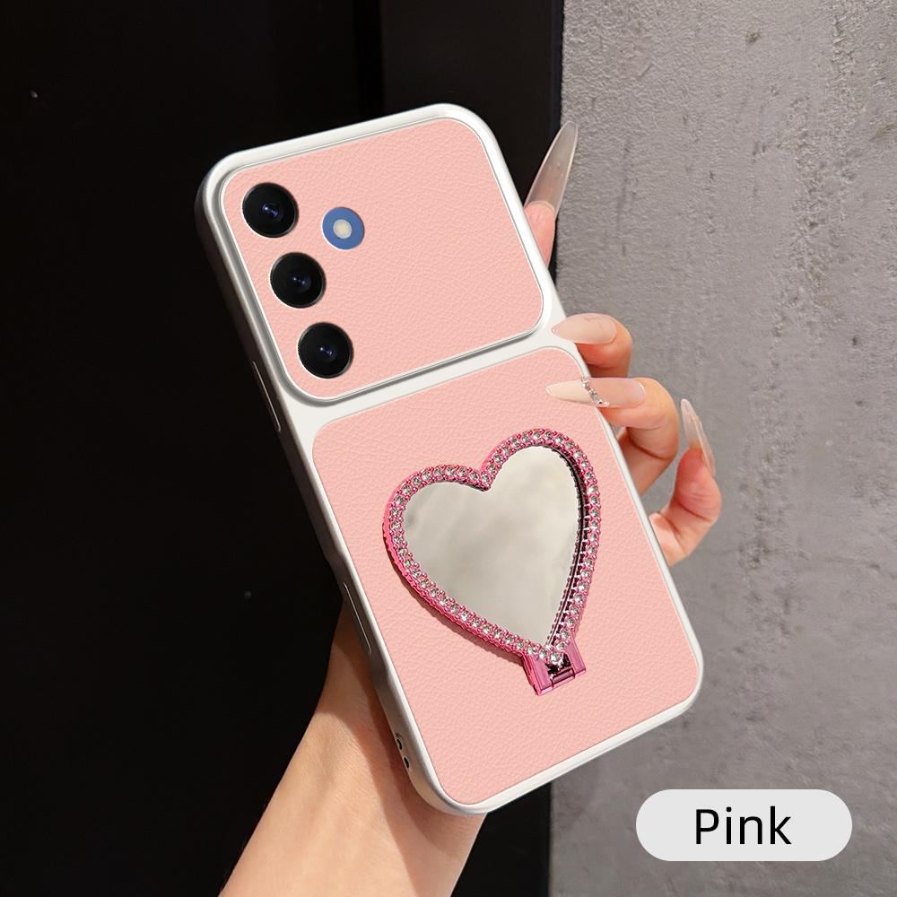 For Galaxy S26+ 5G Lambskin Series Skin Feel Shockproof Phone Case with Heart Mirror Holder(Pink) - Shopkiz.com