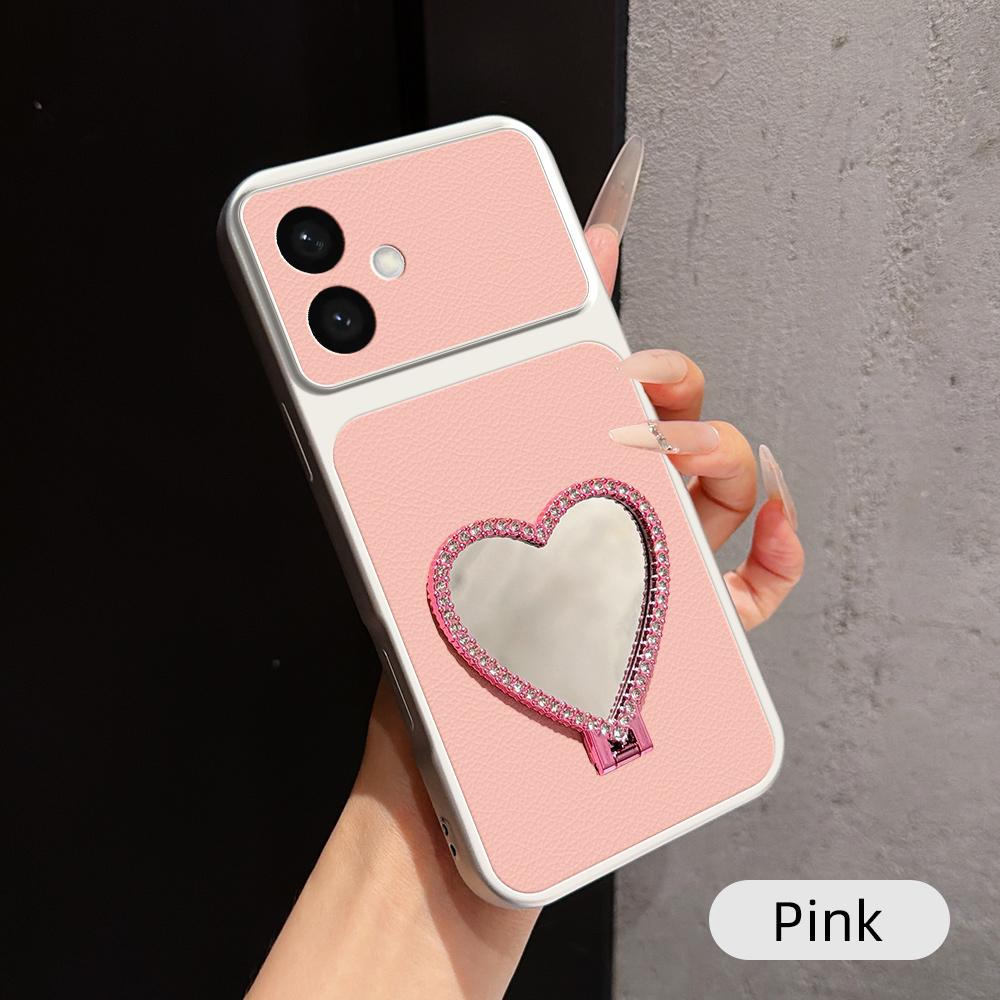 For Galaxy S26 Edge 5G Lambskin Series Skin Feel Shockproof Phone Case with Heart Mirror Holder(Pink) - Shopkiz.com