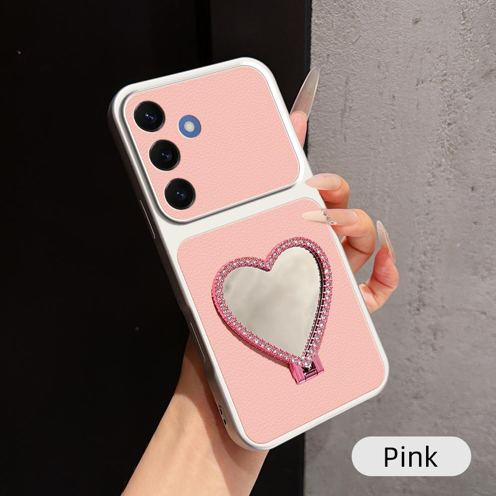 For Galaxy S26 5G Lambskin Series Skin Feel Shockproof Phone Case with Heart Mirror Holder(Pink) - Shopkiz.com