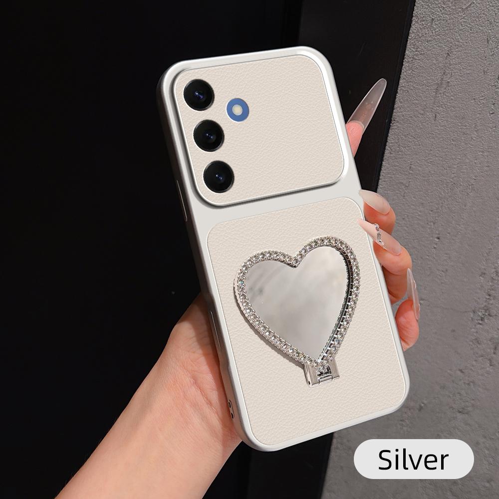 For Galaxy S26 5G Lambskin Series Skin Feel Shockproof Phone Case with Heart Mirror Holder(Silver) - Shopkiz.com