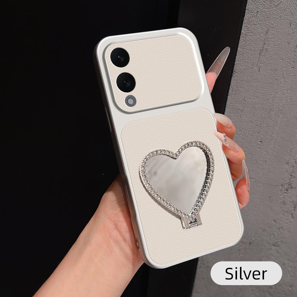 For Galaxy S25 Edge 5G Lambskin Series Skin Feel Shockproof Phone Case with Heart Mirror Holder(Silver) - Shopkiz.com