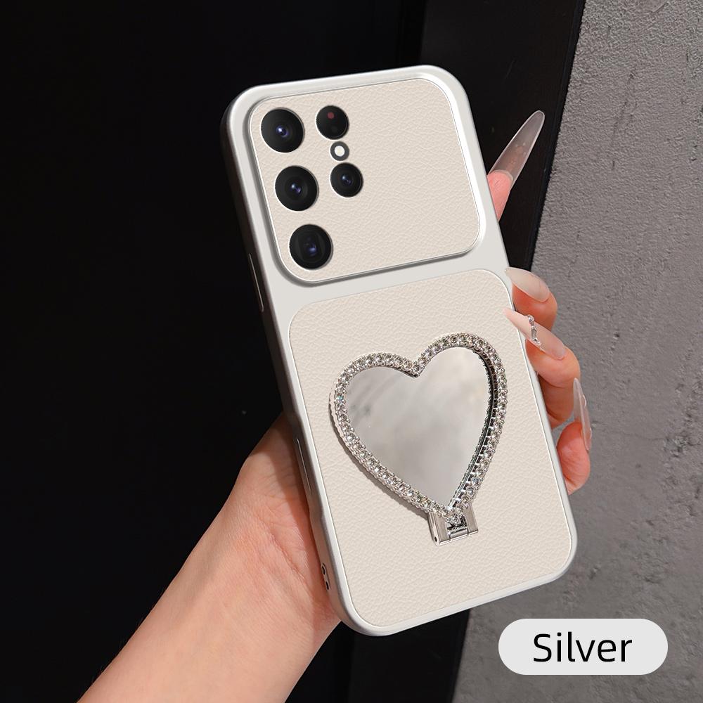 For Galaxy S24 Ultra 5G Lambskin Series Skin Feel Shockproof Phone Case with Heart Mirror Holder(Silver) - Shopkiz.com