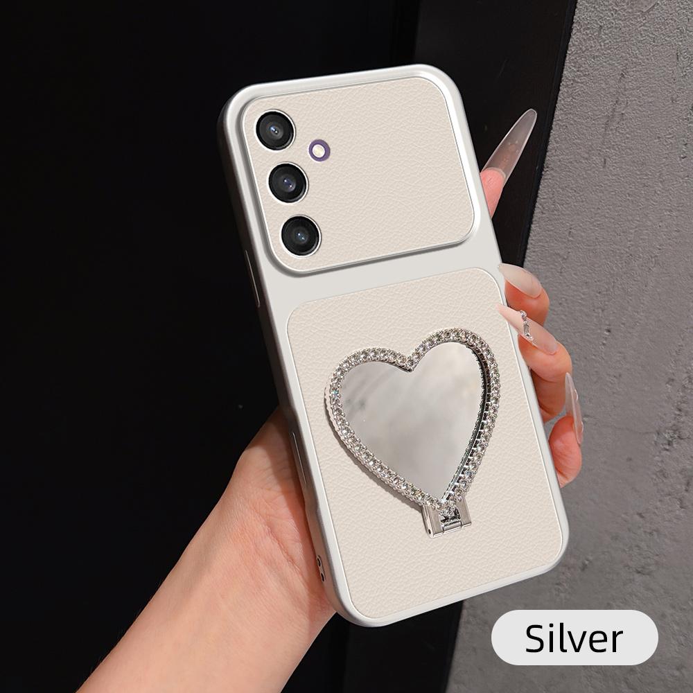 For Galaxy S24 5G Lambskin Series Skin Feel Shockproof Phone Case with Heart Mirror Holder(Silver) - Shopkiz.com