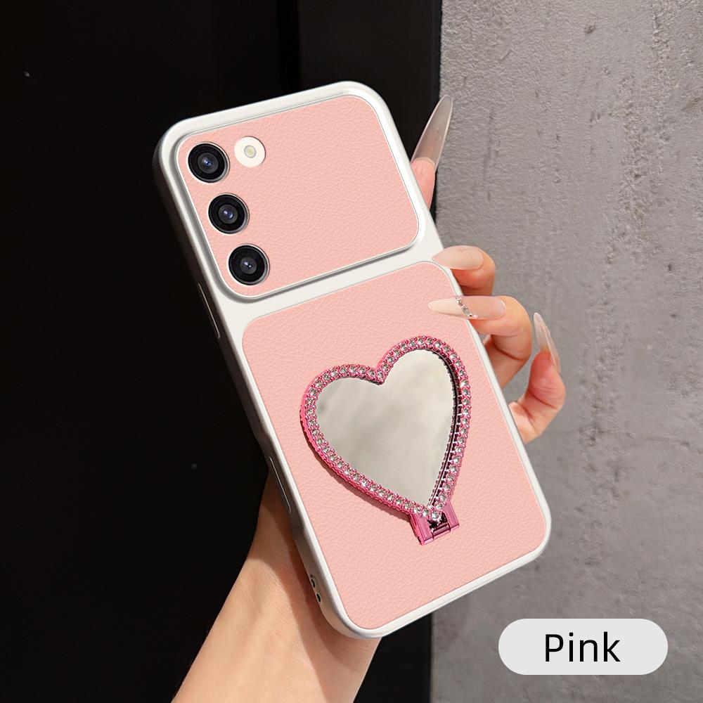 For Galaxy S23+ 5G Lambskin Series Skin Feel Shockproof Phone Case with Heart Mirror Holder(Pink) - Shopkiz.com