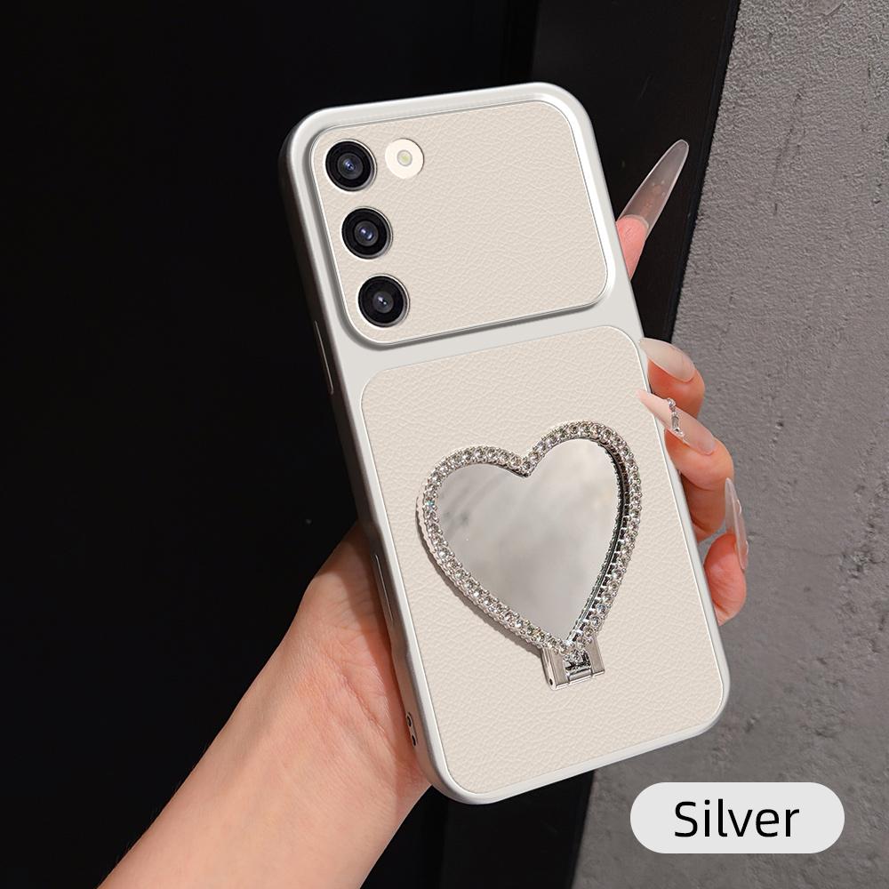 For Galaxy S23+ 5G Lambskin Series Skin Feel Shockproof Phone Case with Heart Mirror Holder(Silver) - Shopkiz.com