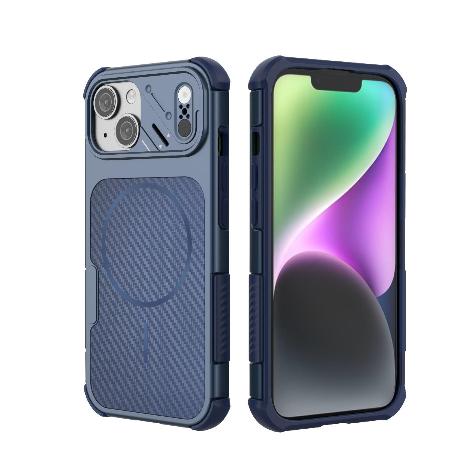 For iPhone 15 Rugged Carbon Fiber Texture Airbag Shockproof Magnetic Phone Case(Blue) - Shopkiz.com